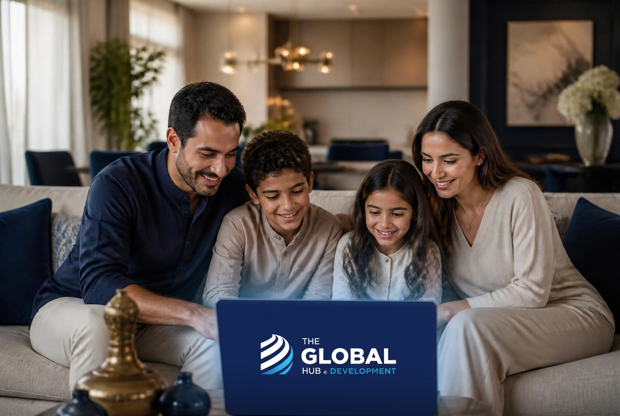 An Egyptian family reviewing The Global Hub Development website together at home